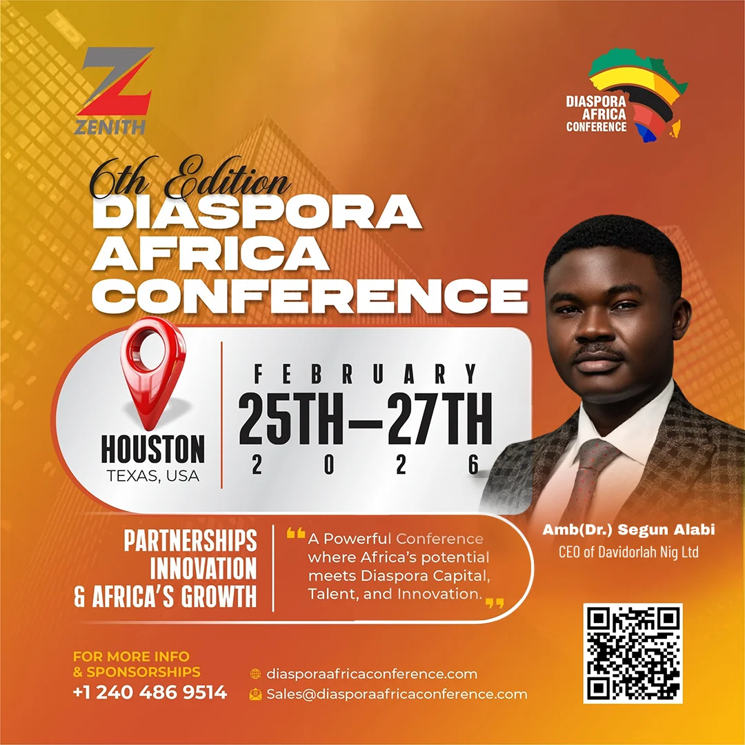 High-resolution promotional speaker graphic for the 6th Edition Diaspora Africa Conference in Houston, Texas (Feb 25–27, 2026).