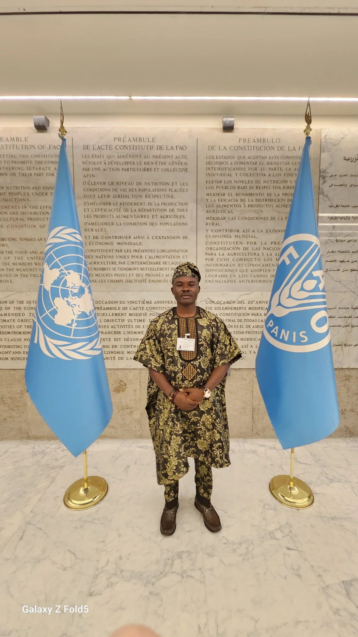 Full-length portrait of Dr. Alabi in gold traditional Agbada standing between two UN flags in front of the FAO constitutional preamble wall in Rome.