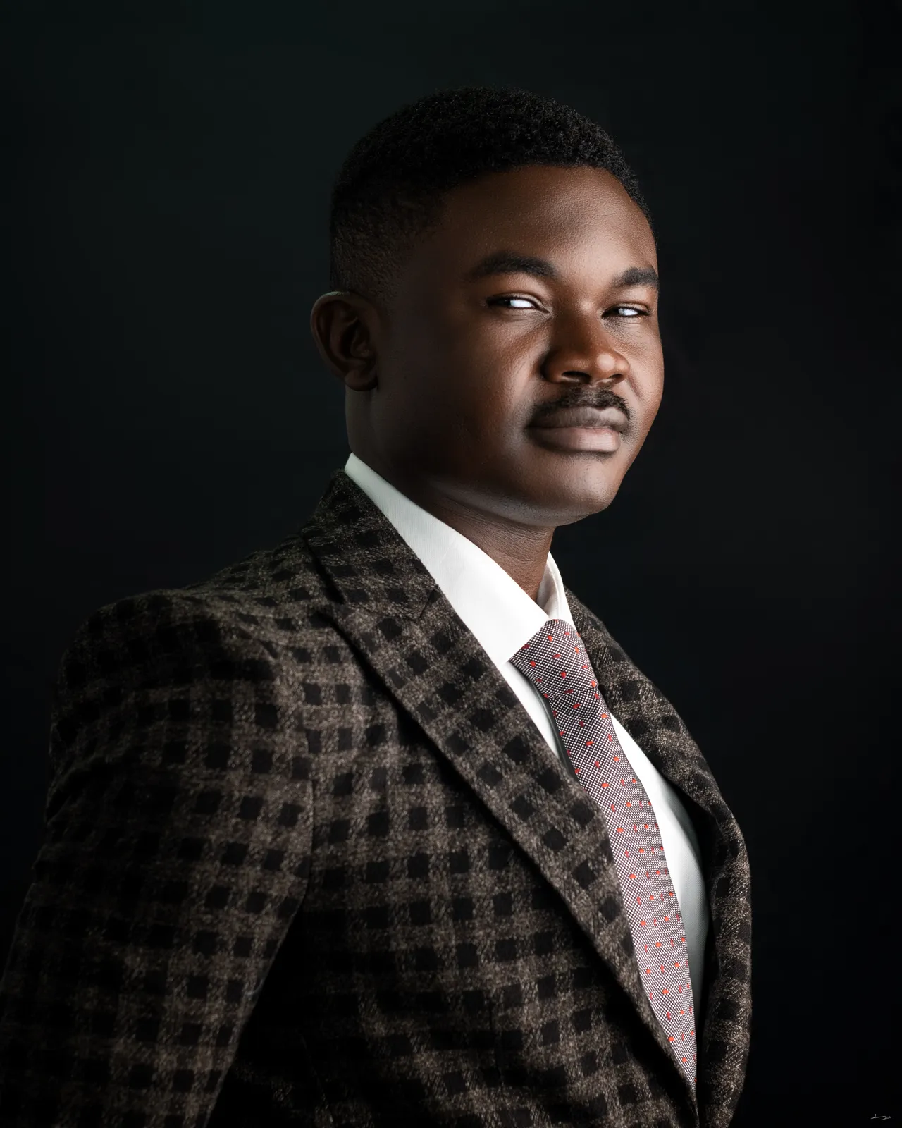 Side-profile executive studio portrait of Dr. Alabi I. Oluwasegun in a checkered blazer against a dark background.